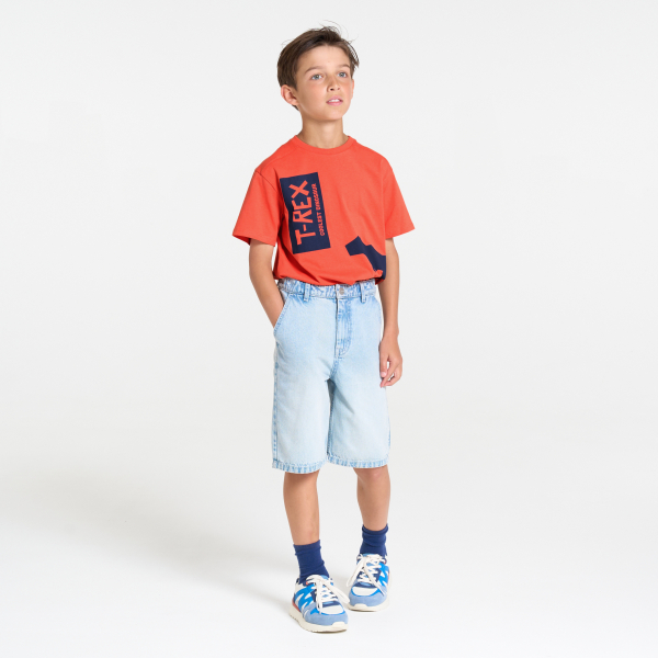 تيشيرت بأكمام قصيرة، مُزيّن برسمة ديناصور، باللون البرتقالي للفتيان